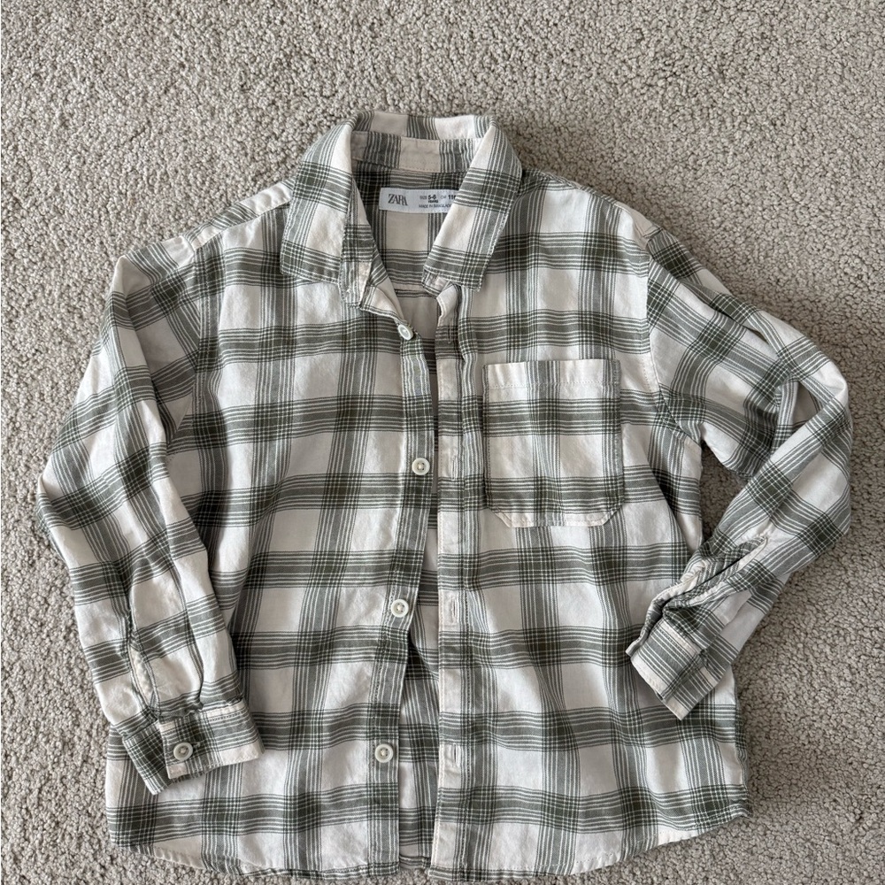Zara Kids Olive and White Checkered Button Down Shirt